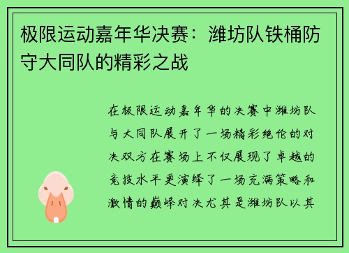 极限运动嘉年华决赛：潍坊队铁桶防守大同队的精彩之战