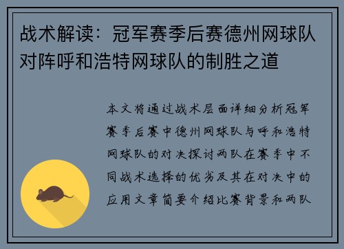 战术解读:冠军赛季后赛德州网球队对阵呼和浩特网球队的制胜之道