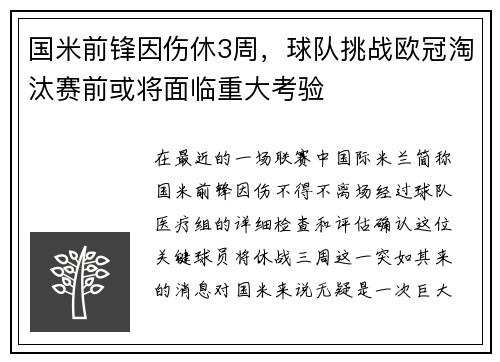 国米前锋因伤休3周，球队挑战欧冠淘汰赛前或将面临重大考验