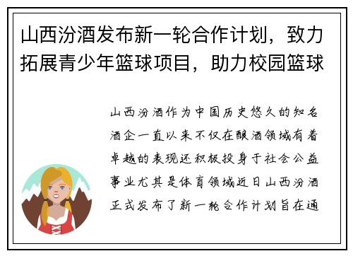 山西汾酒发布新一轮合作计划，致力拓展青少年篮球项目，助力校园篮球发展
